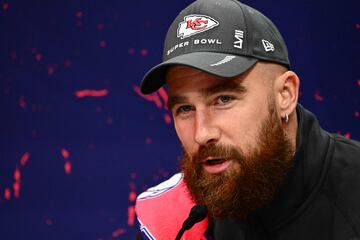 Travis Kelce of the Kansas City Chiefs speaks during Super Bowl LVIII Opening Night at Allegiant Stadium in Las Vegas, Nevada on February 5, 2024. (Photo by Patrick T. Fallon / AFP)