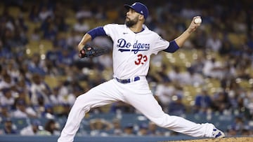 David Price #33 of the Los Angeles Dodgers pitches against the Milwaukee Brewers during the ninth inning at Dodger Stadium on October 02, 2021 in Los Angeles, California.  